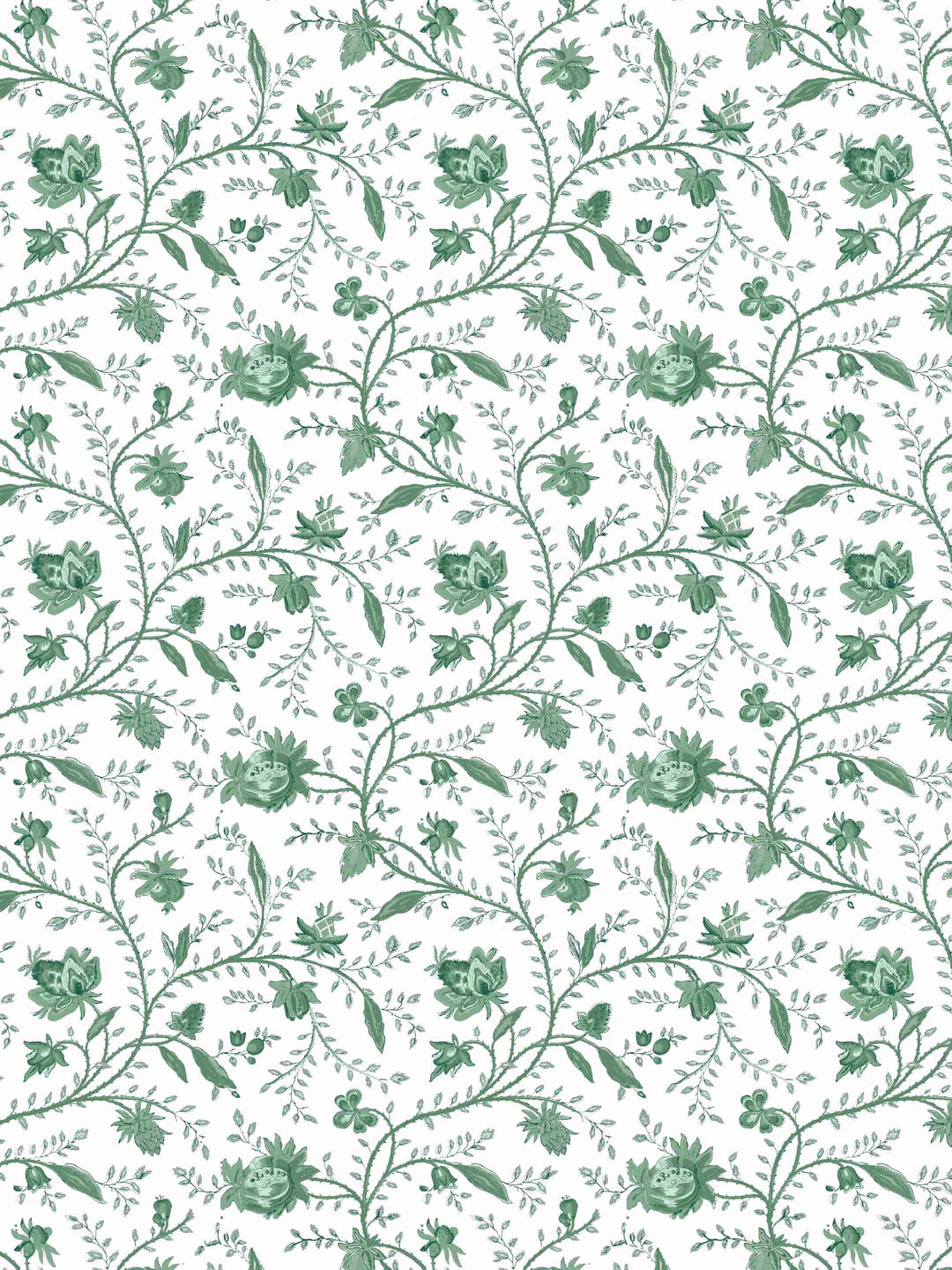 Green and white floral wallpaper inspired by a vintage french floral wallpaper