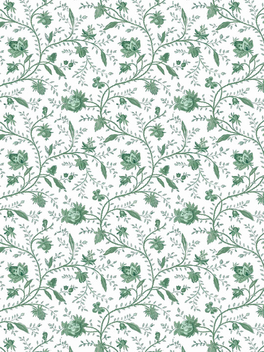 Green and white floral wallpaper inspired by a vintage french floral wallpaper