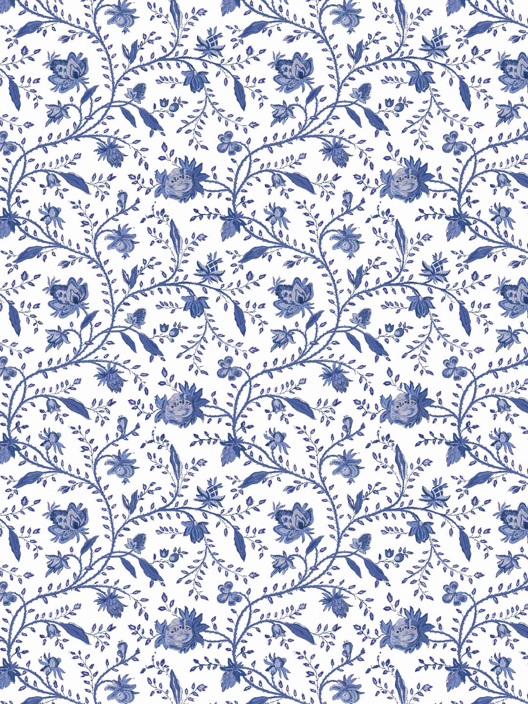A vintage inspired blue and white floral wallpaper  - Indienne in Delph blue