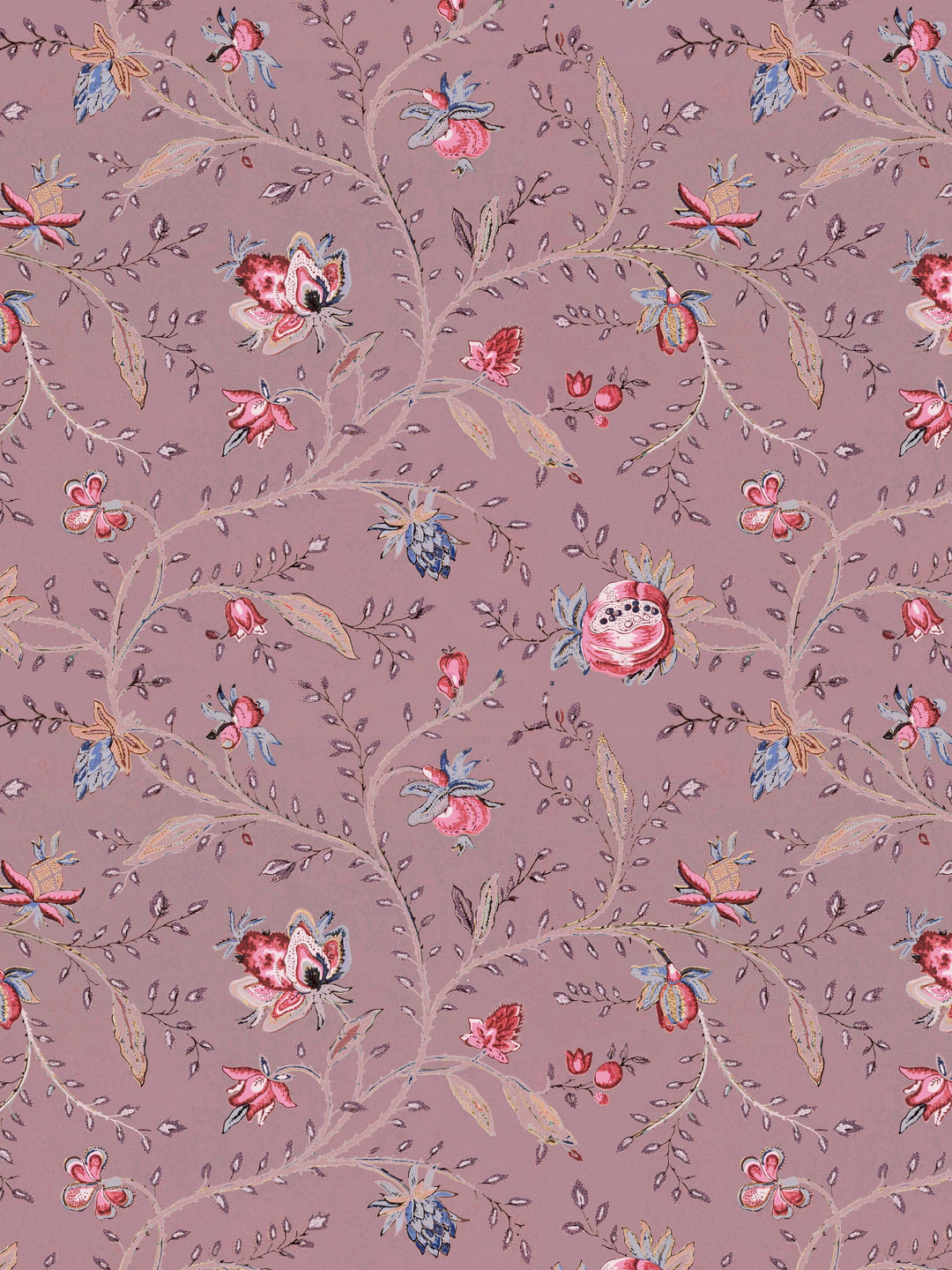 Indienne floral wallpaper on a plum background