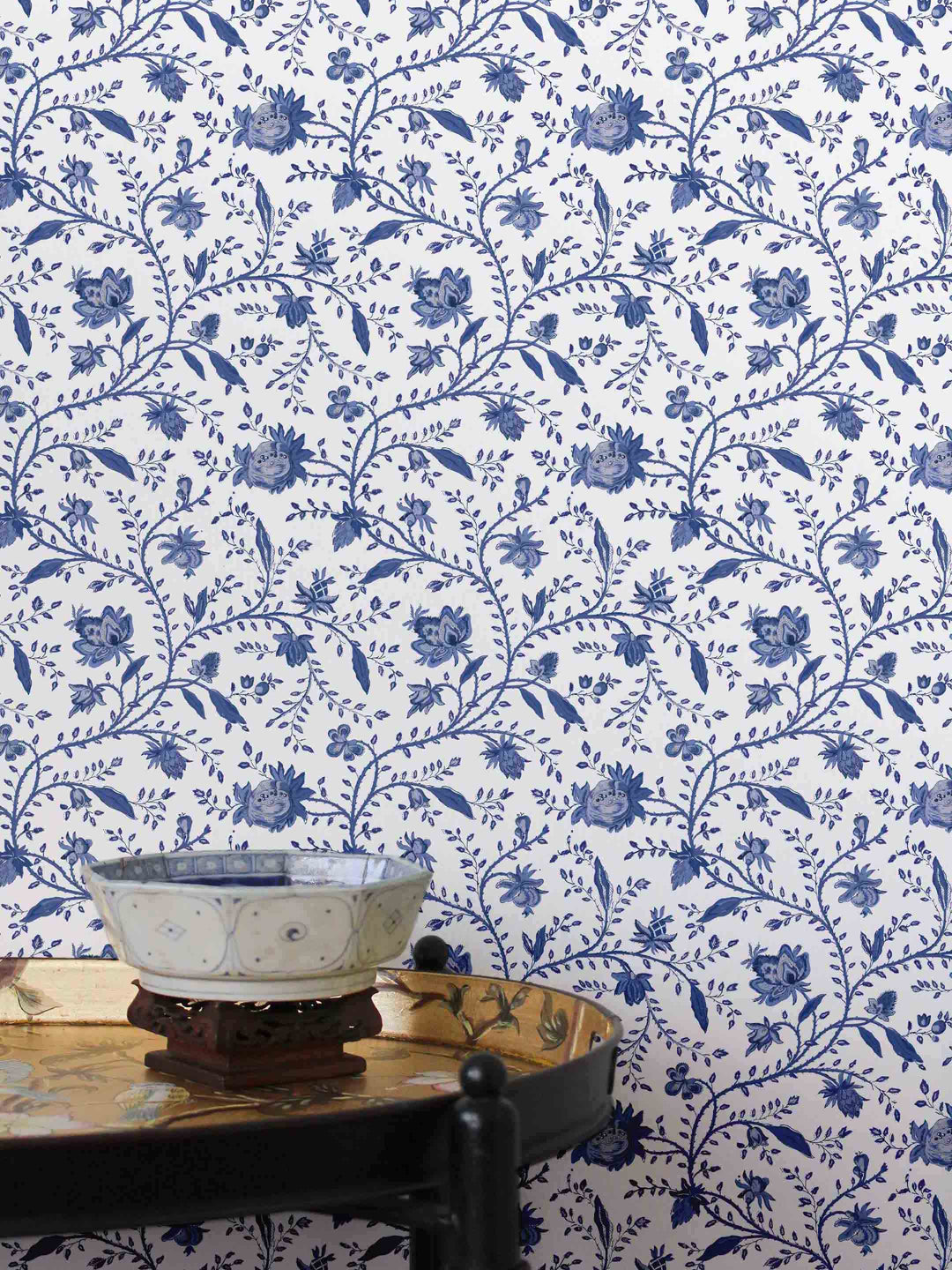 Home wallpaper with blue floral pattern on a white background