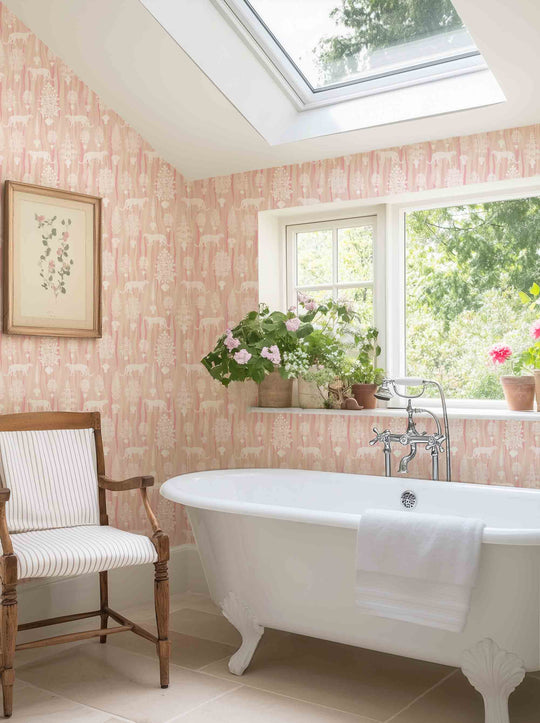 Pale pink Jag about wallpaper featuring big cats and palms in a bathroom