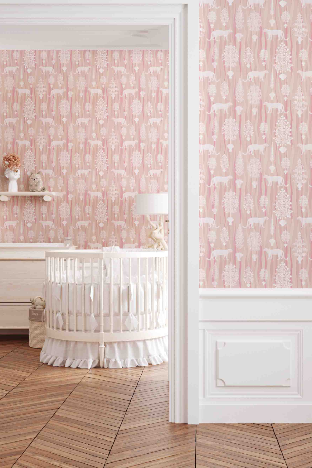 Pale pink animal wallpaper featuring Jaguar big cats and ornate leafy trees on a wavy painterly background on nursery walls