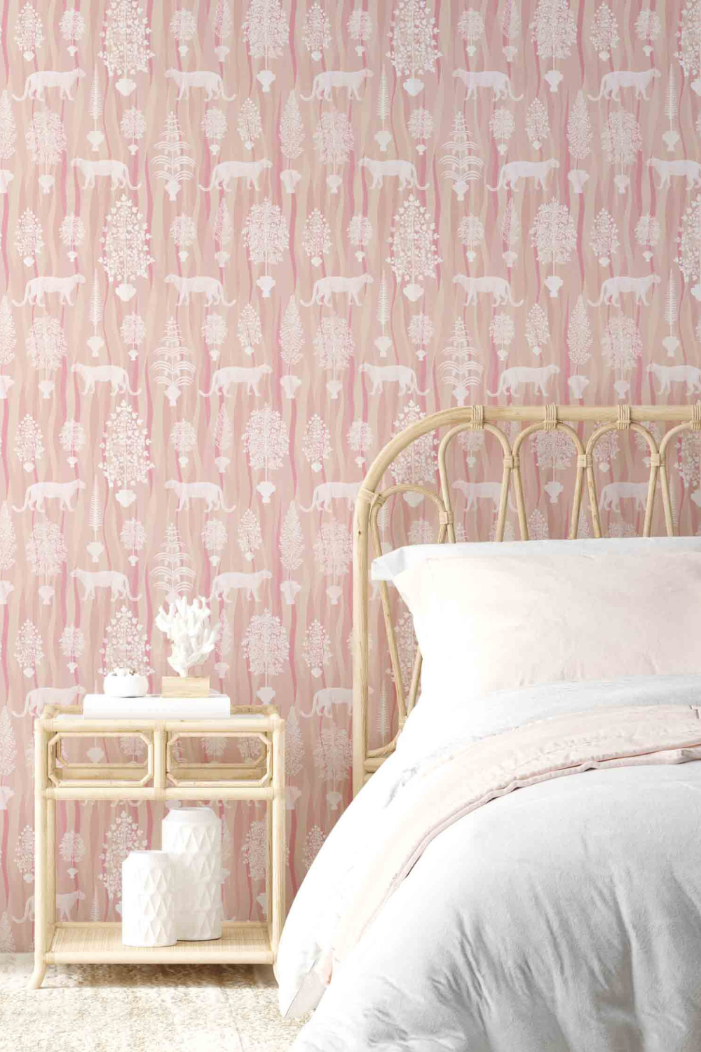 A pastel pink bedroom wallpaper featuring  Jaguar big cats and ornate palms - Jag About wallpaper by Milola Design