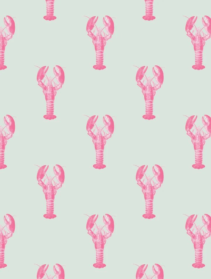 pink lobster home wallpaper design on a light blue background by Milola Design