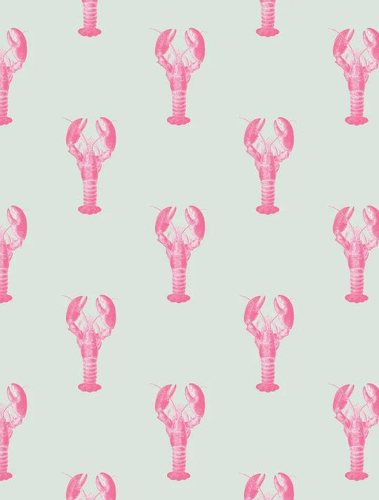 pink lobster home wallpaper design on a light blue background by Milola Design