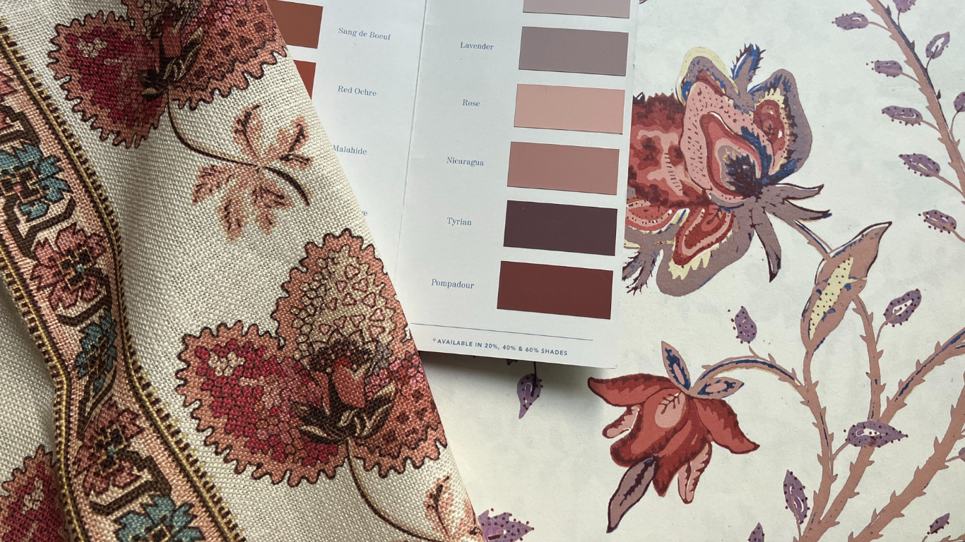 Floral fabric swatch with color chart on a matching fabric background