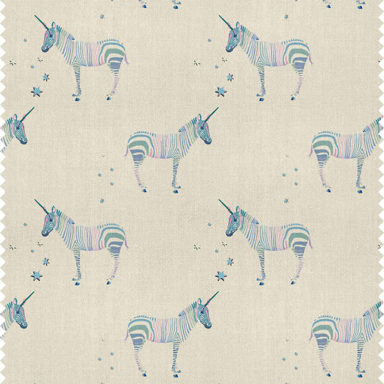 A printed curtain fabric featuring rainbow coloured unicorns with zebra stripes perfect for decorating childrens bedrooms as curtains or blinds by Milola Design.