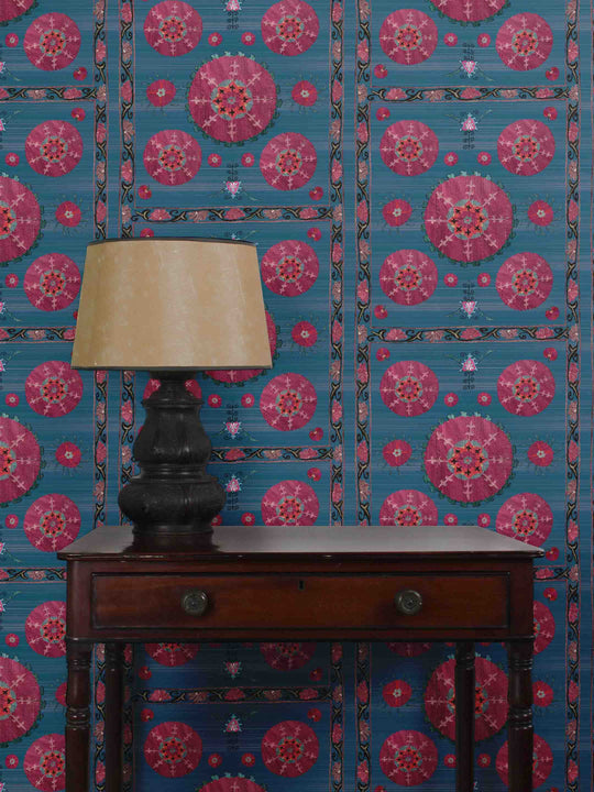 Paris Suzani Grasscloth Wallpaper - Azure Blue