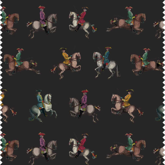 A black statement linen mix fabric printed with 17th Century horse riders in colourful period clothes by Milola Design. This equestrain fabric design  is suitable for curtains, blinds and soft furnishings.