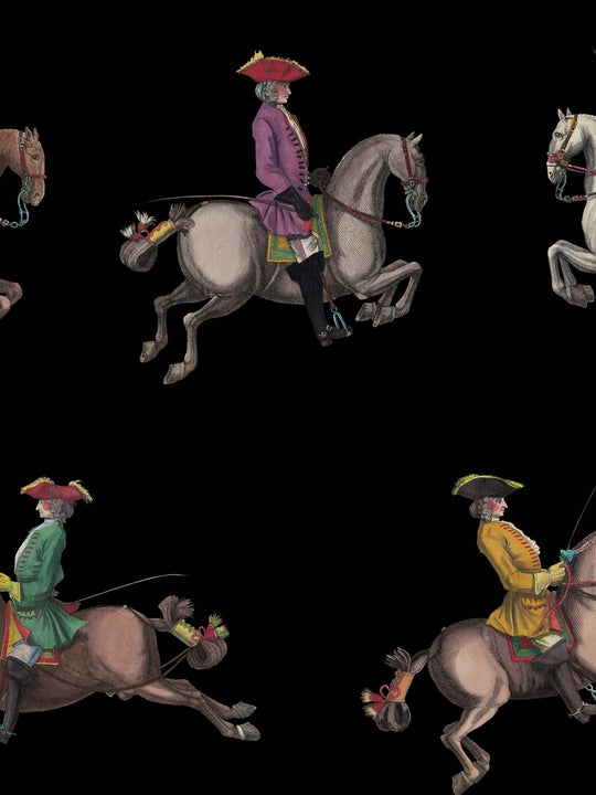 wallpaper Pattern of men on horseback in colorful attire against a black background