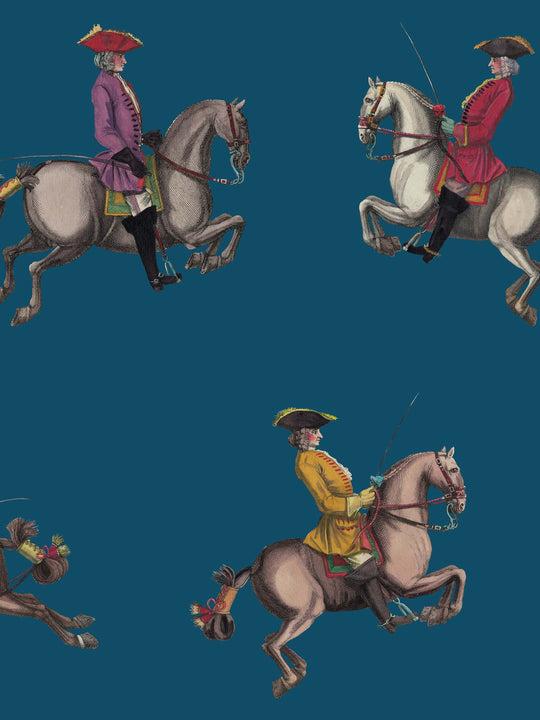 A blue home wallpaper design featuring elegant historical horse riders