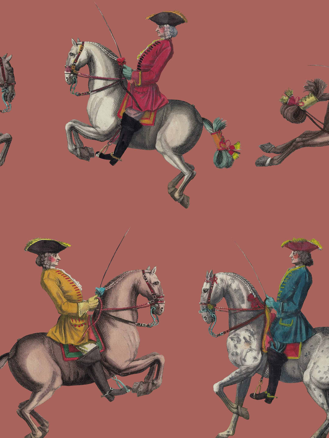 wallpaper Pattern of men on horseback in colorful historical clothes on a sienna background