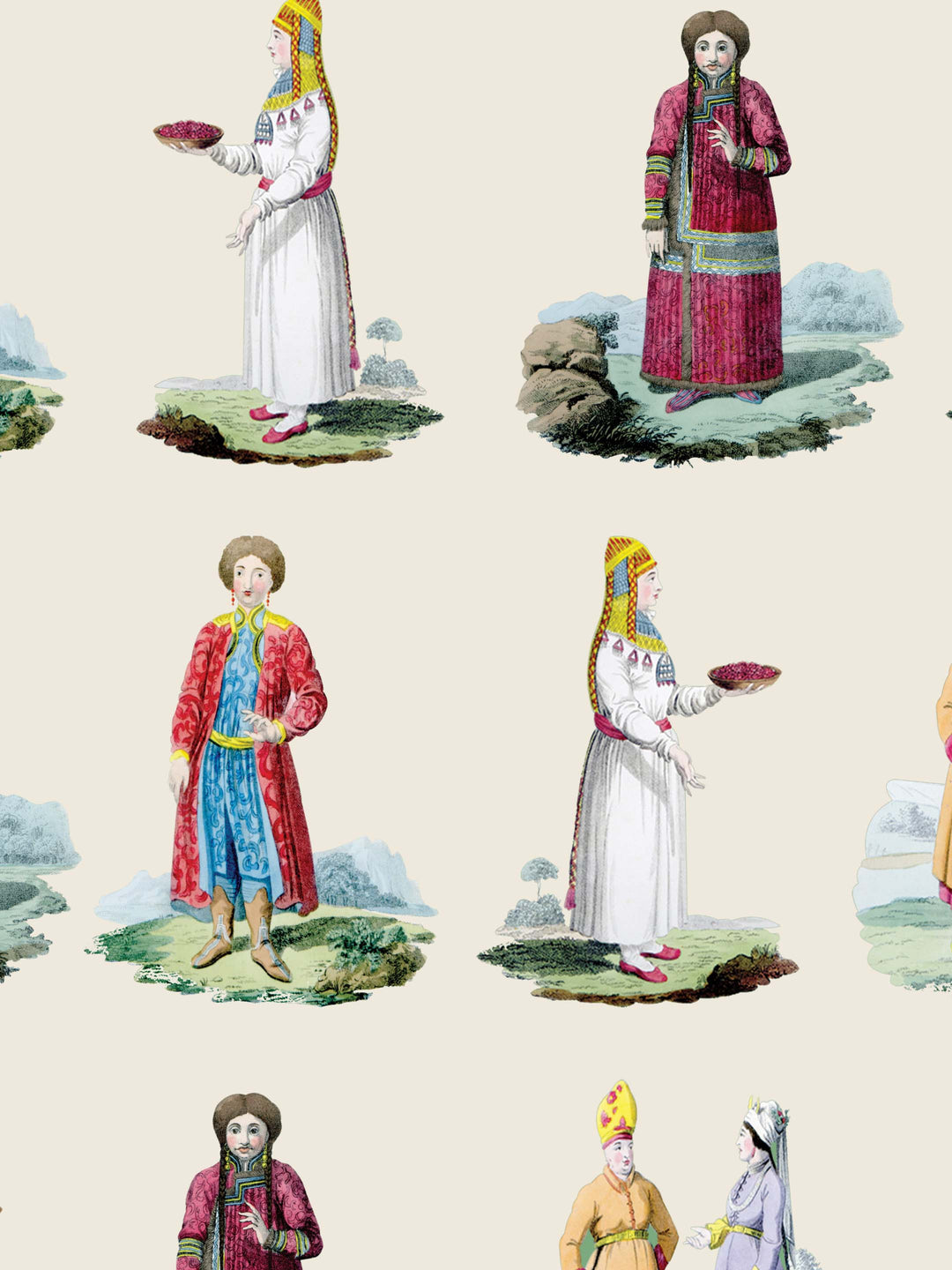 A statement home wallpaper design featuring illustrations of people in traditional attire on a beige background
