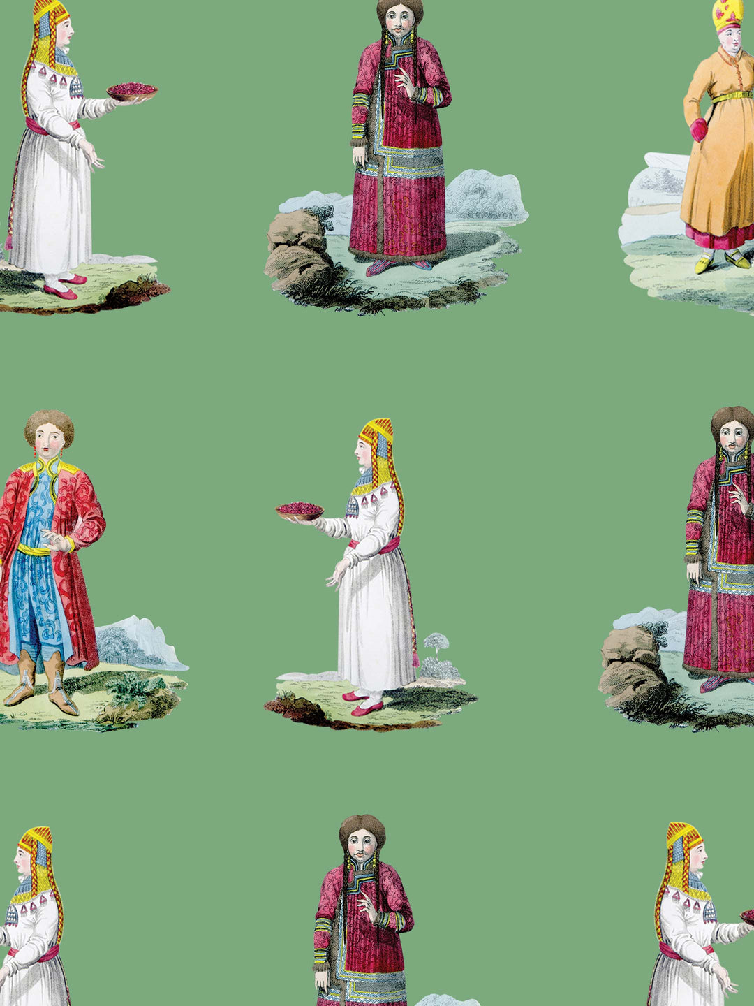 A green statement wallpaper featuring figures dressed in traditional Russian folk costumes