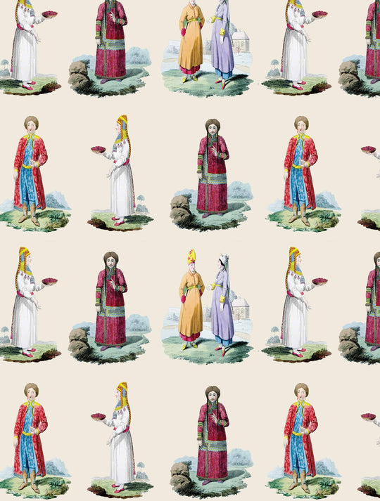 A statement wallpaper featuring figures dressed in traditional Russian folk costumes