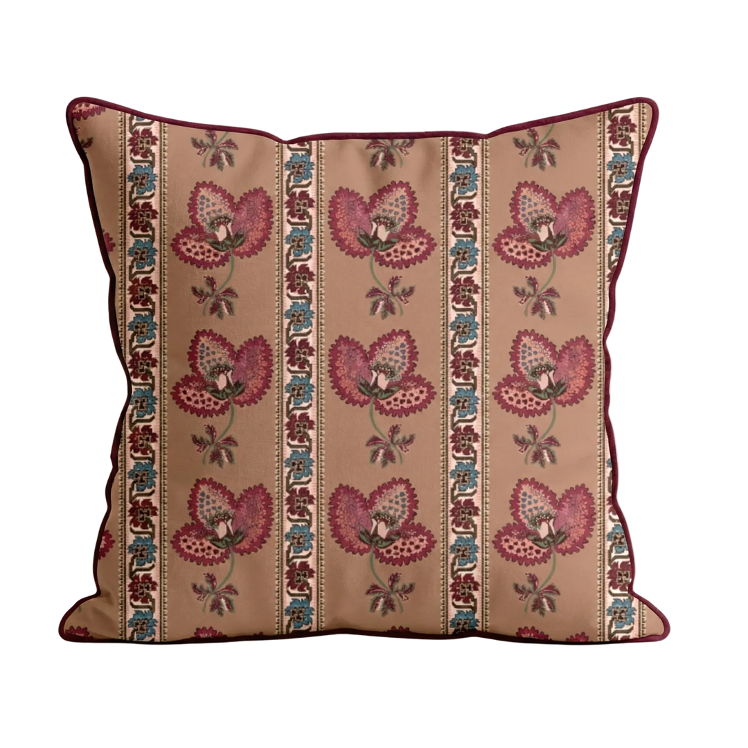 Soft brown cushion with floral pattern on a beige background for upholstery inspiration