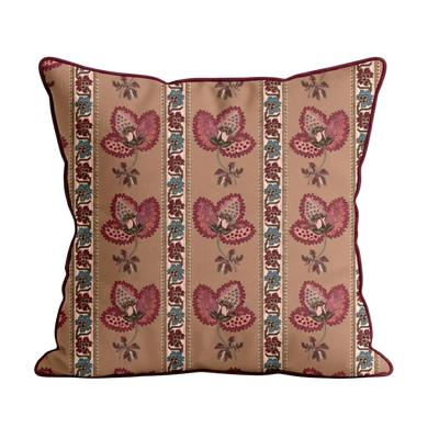 Soft brown cushion with floral pattern on a beige background for upholstery inspiration