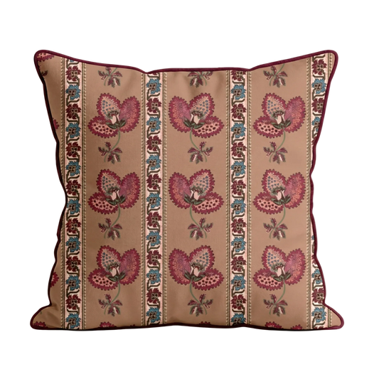 Soft brown cushion with floral pattern on a beige background for upholstery inspiration