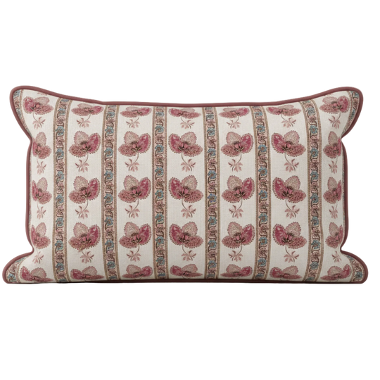 Decorative pillow with pink floral pattern on a white background for soft furnishing and interior decor