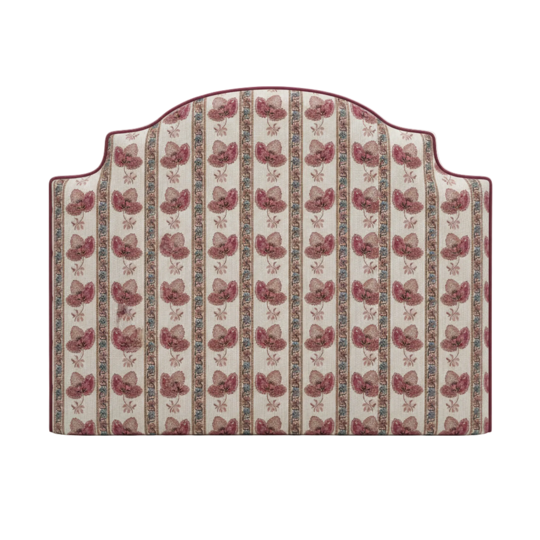 Floral spring fabric headboard with floral and striped pattern on a white background