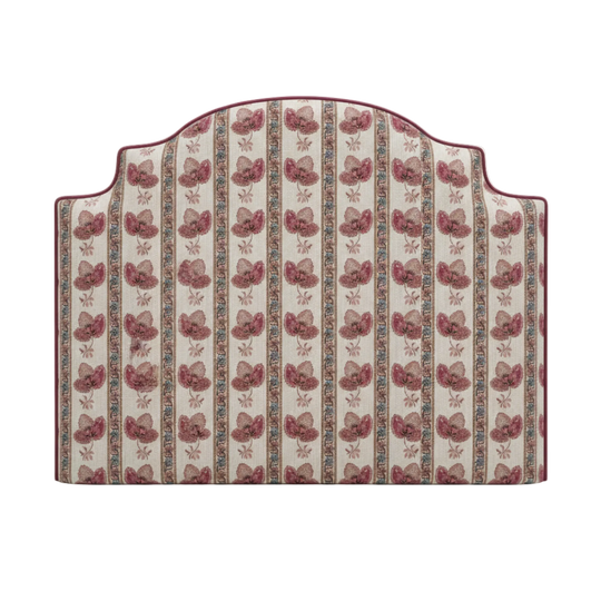 Floral spring fabric headboard with floral and striped pattern on a white background