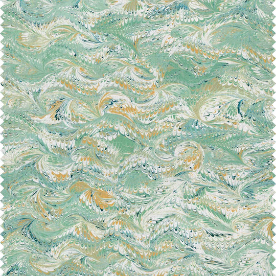 A soft green marbled printed fabric with marblized swirls of yellow, dark blue and white. Suitable fabric for curtains, Blinds and sift furnishings