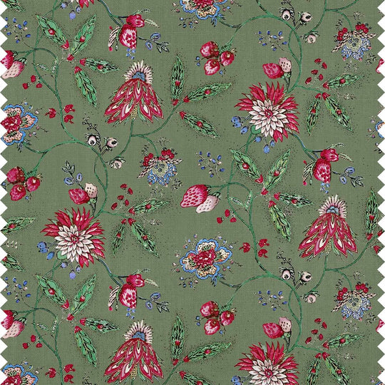 Amalita Floral Fabric in Moss Green with pink, blue, and green floral patterns inspired by 18th century design.