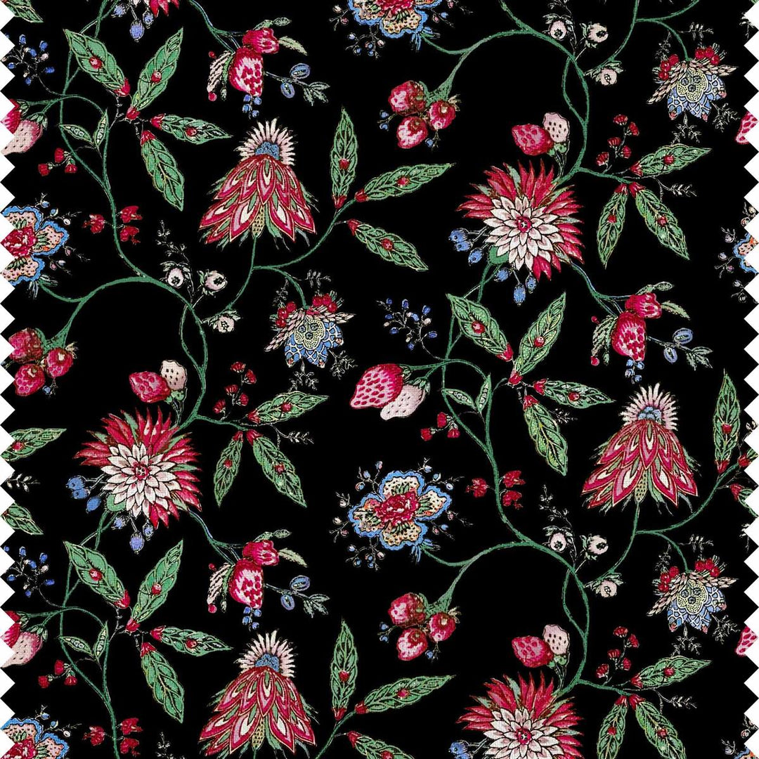 Amalita Floral Fabric in black featuring pink, blue, and green floral patterns on a black background, inspired by 18th century design.