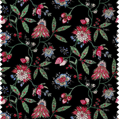 Amalita Floral Fabric in black featuring pink, blue, and green floral patterns on a black background, inspired by 18th century design.