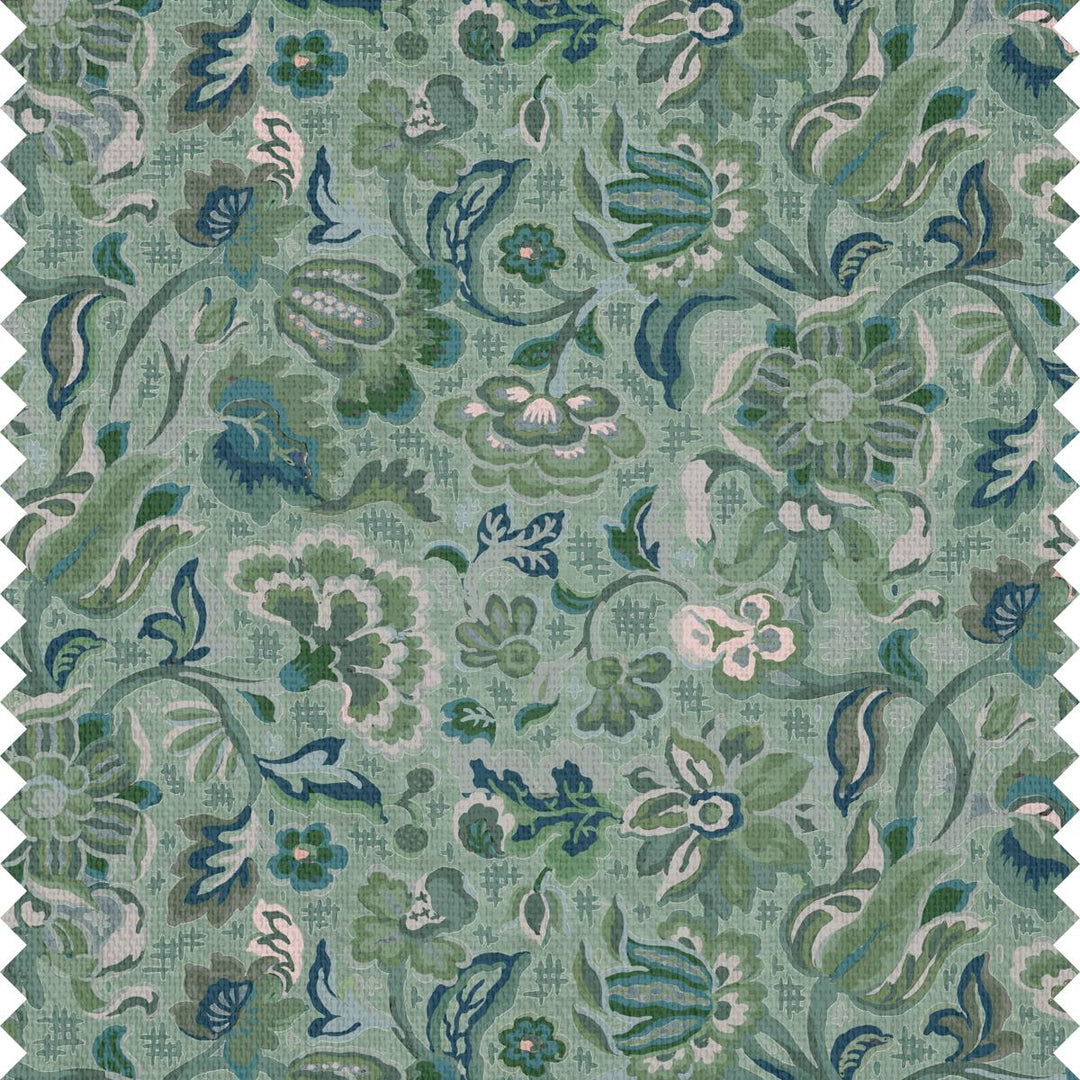 Fabric and wallpaper featuring a whimsical green and blue floral motif.
