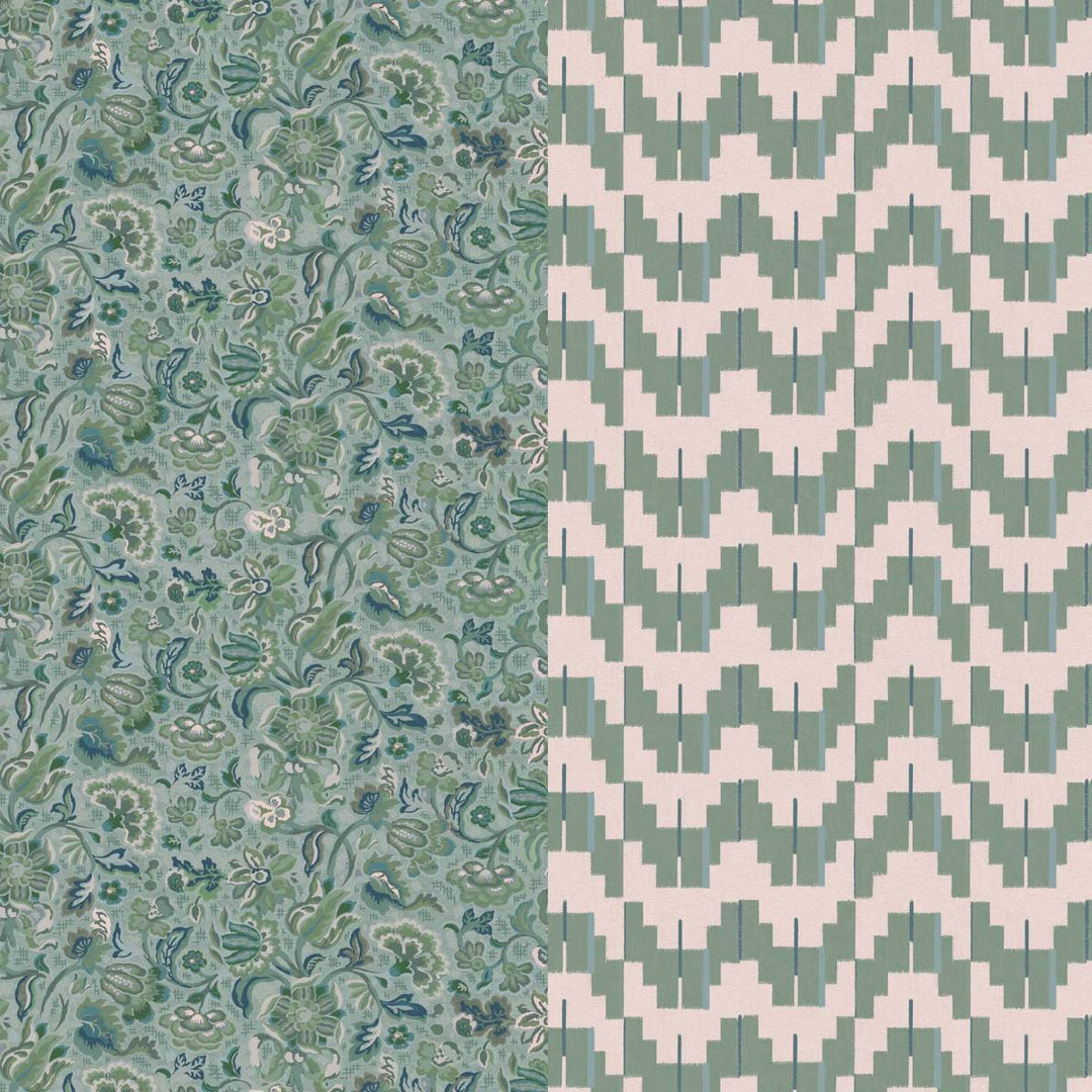 floral and geometric fabrics in jade green

