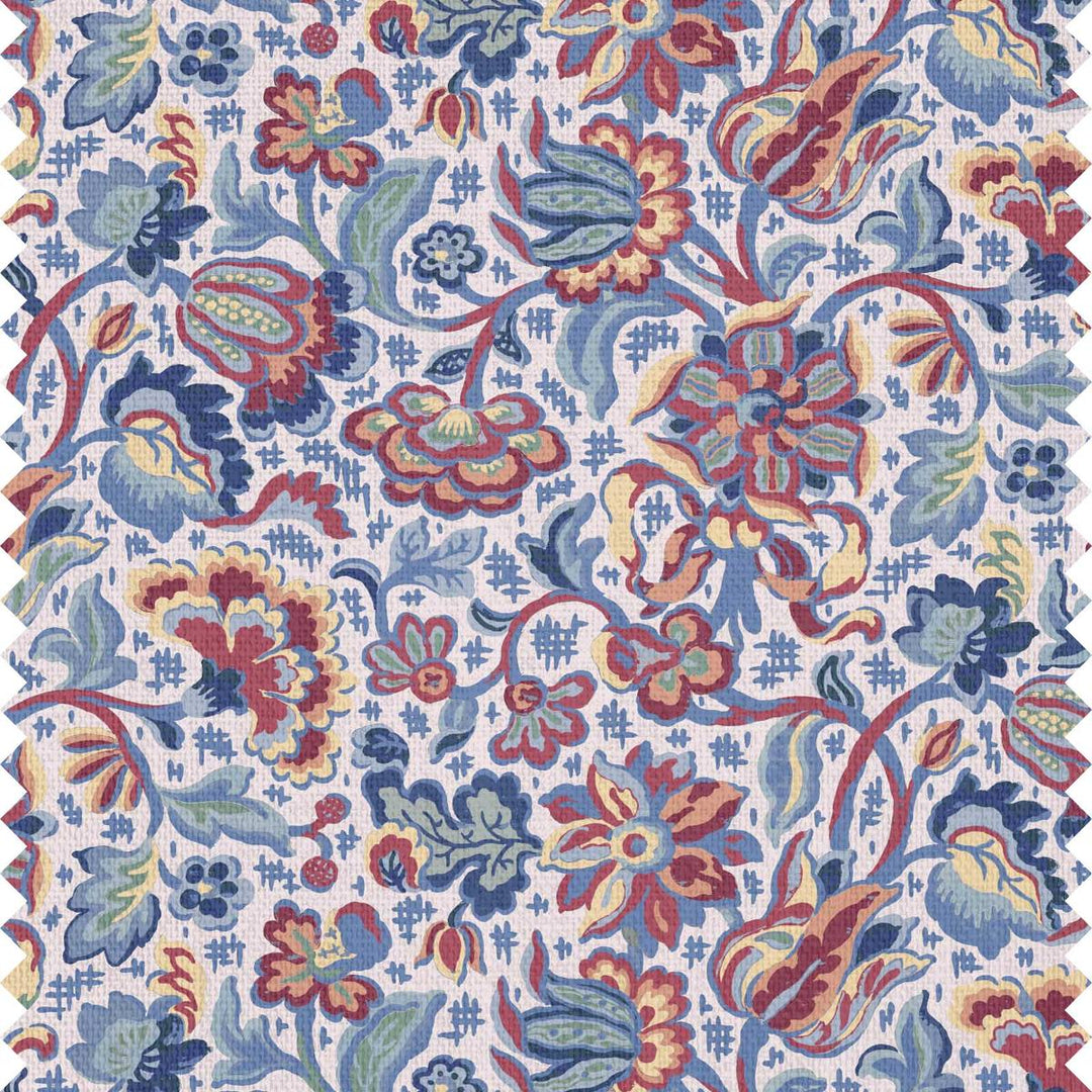 Fabric and wallpaper with a whimsical floral motif in red, blue and yellow.