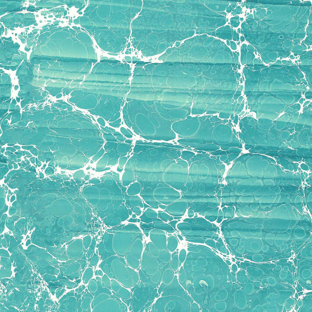 Aqua Vitae marbled wallpaper in turquoise, flat lay of the repeating marbled pattern
