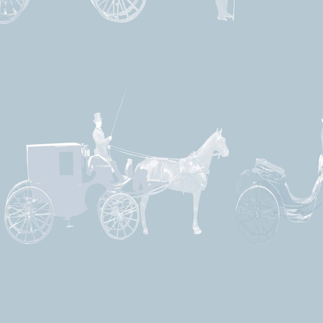 Carriages horse wallpaper in cloud blue, flat lay of the repeating equestrian pattern