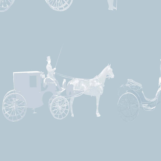 Carriages horse wallpaper in cloud blue, flat lay of the repeating equestrian pattern