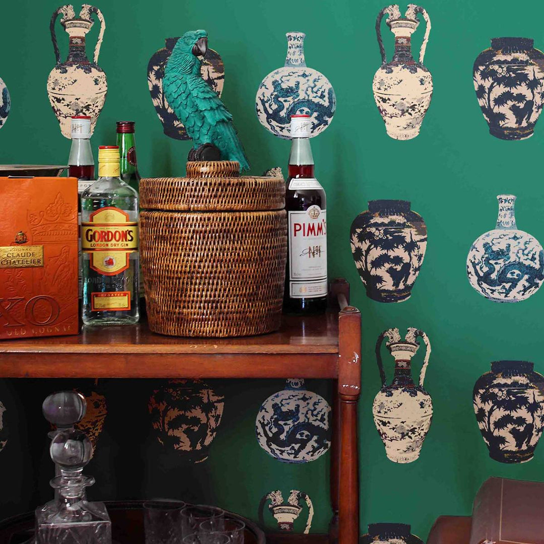 A home wallpaper Pattern of decorative antique Chinese vases on a emerald green background