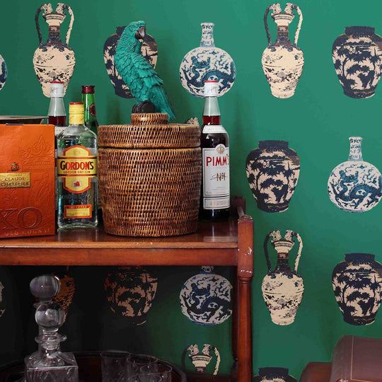 A home wallpaper Pattern of decorative antique Chinese vases on a emerald green background