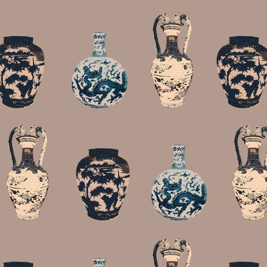 Chinese Vase wallpaper in Minx beige, flat lay of the repeating chinoiserie vase pattern