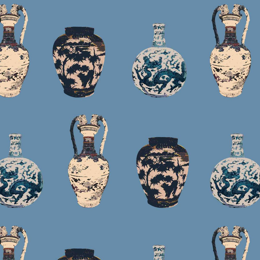 Chinese Vase wallpaper in smoke blue, flat lay of the repeating chinoiserie vase pattern