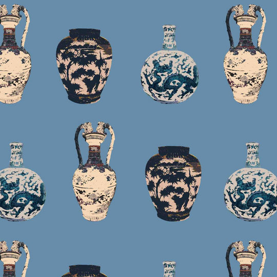 Chinese Vase wallpaper in smoke blue, flat lay of the repeating chinoiserie vase pattern