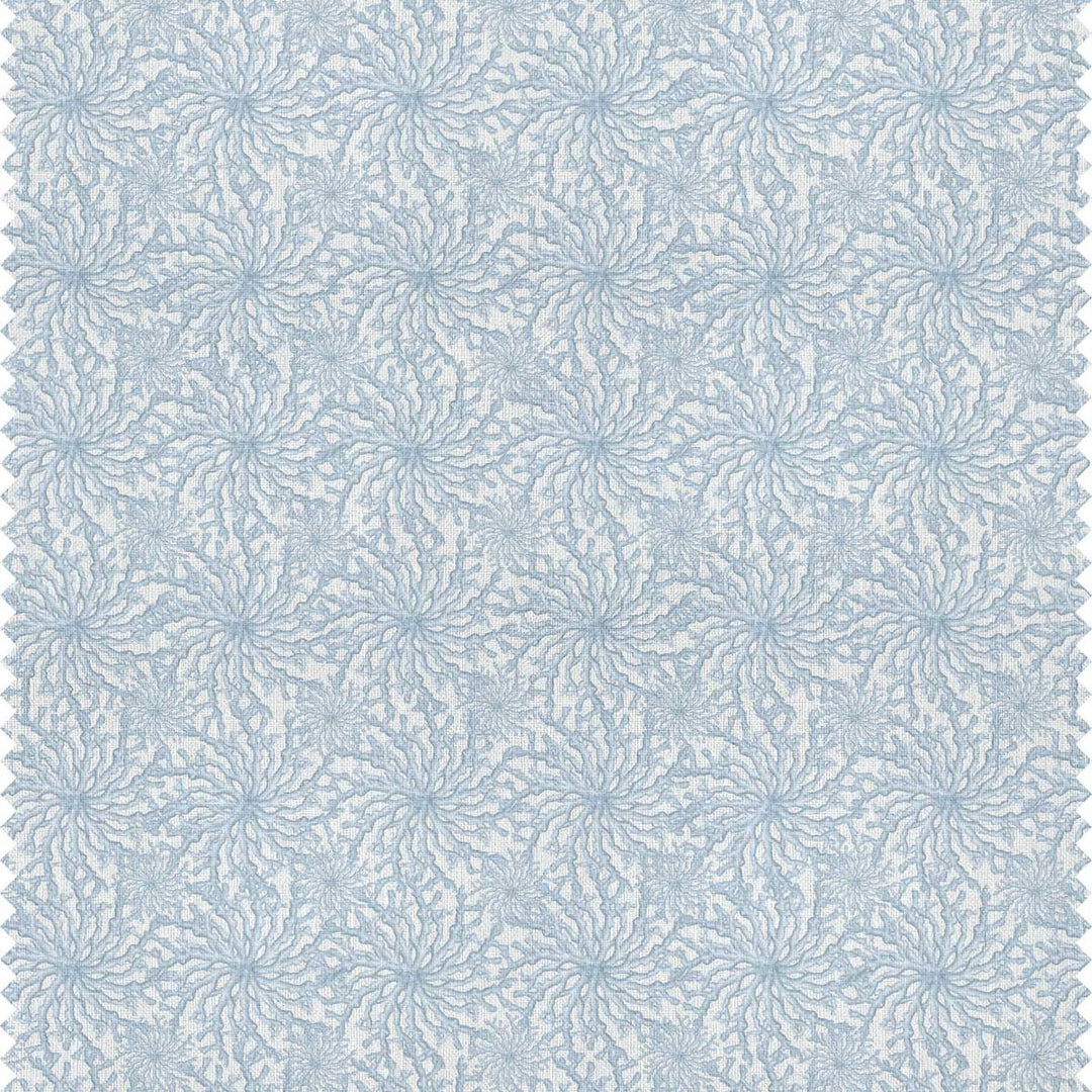 Designer curtain fabric with a delicate coral design in pale blue and white by Milola Design