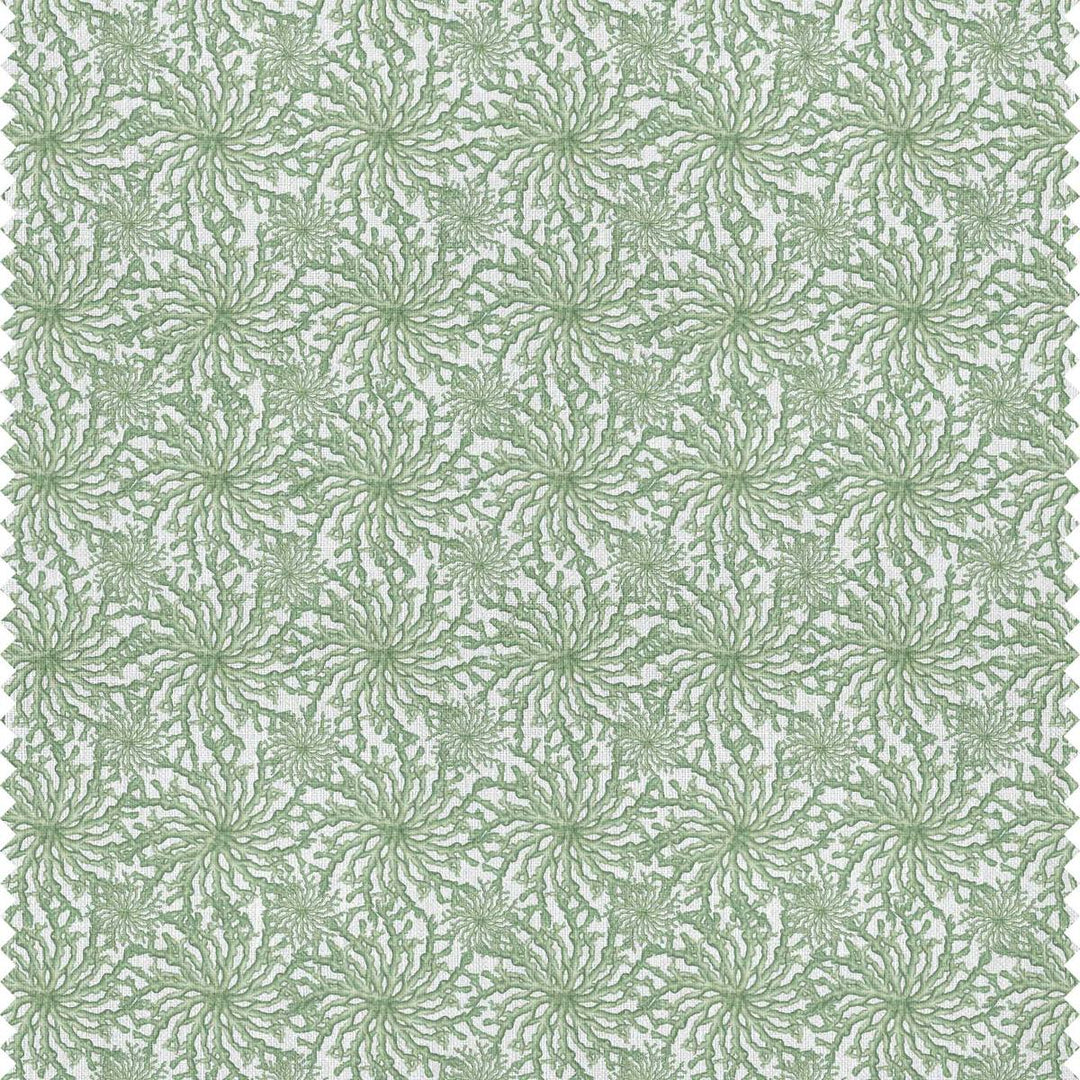 Sage green designer linen curtain fabric featuring a delicate coral pattern by Milola Design.