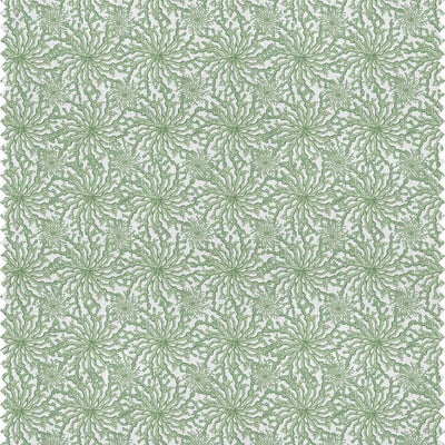 Sage green designer linen curtain fabric featuring a delicate coral pattern by Milola Design.