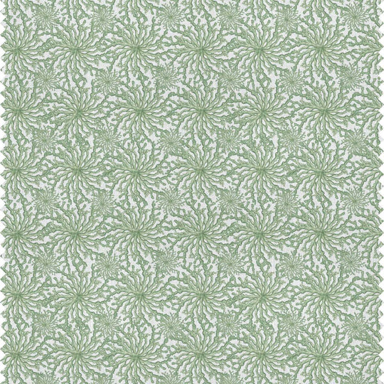 Sage green designer linen curtain fabric featuring a delicate coral pattern by Milola Design.