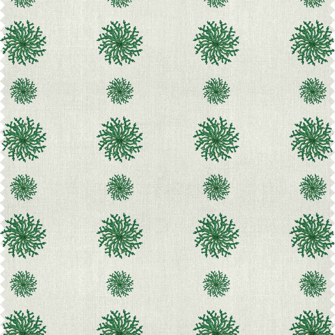 A modern curtain fabric featuring emerald green coral motifs in stripes on a white background by Milola Design