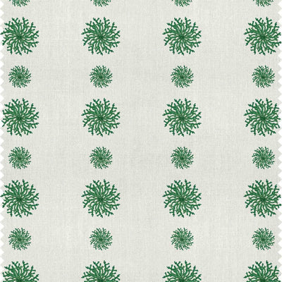 A modern curtain fabric featuring emerald green coral motifs in stripes on a white background by Milola Design