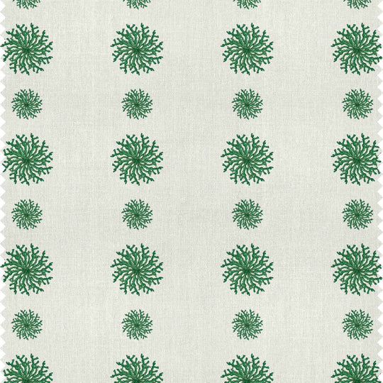 A modern curtain fabric featuring emerald green coral motifs in stripes on a white background by Milola Design