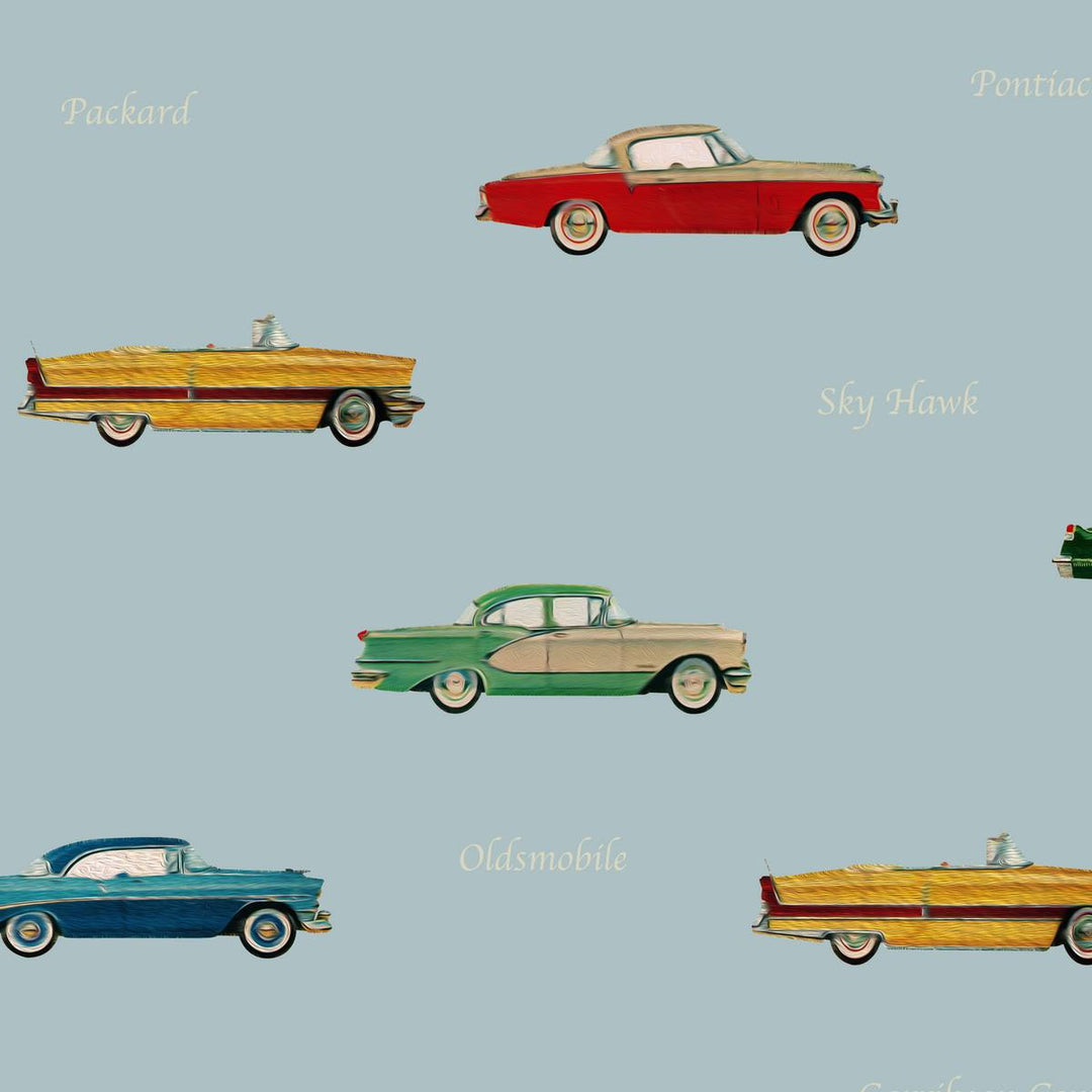 A wallpaper Pattern of vintage cars on a light blue background