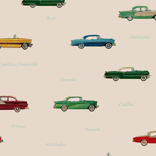 A home wallpaper pattern of vintage cars on a beige background